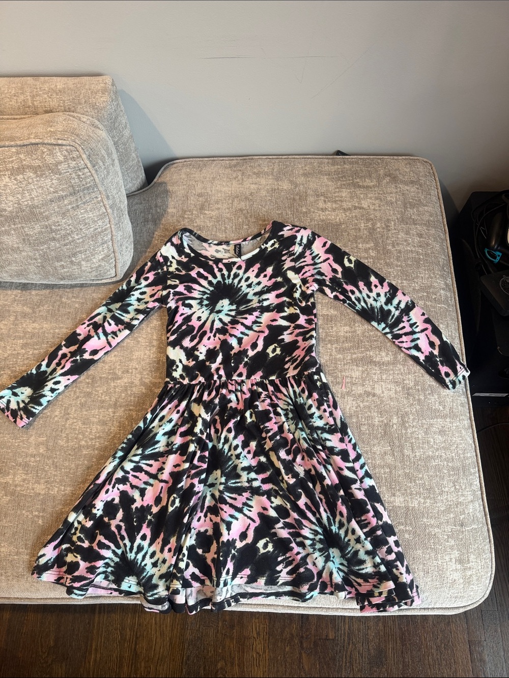 Girls' Long Sleeve Tie-Dye Skater Dress - Black, Pink & Mint